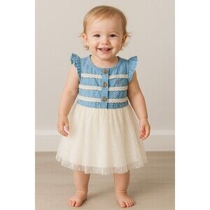 Calvin Klein Baby Girls Dress 18M Blue Chambray Bodice Tulle Skirt CK Logo